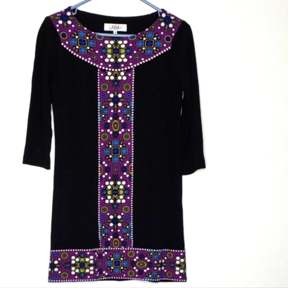 Tibi Jewel Panel Shift Dress Scuba Luxury Black Purple Mini - Picture 1 of 14